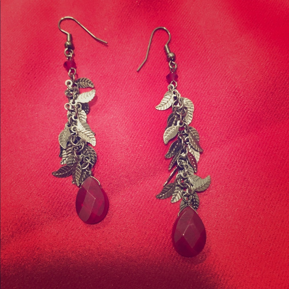Red and silver drop earrings